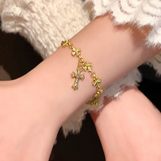 Gold diamond cross bracelet for women light luxury niche exquisite hand jewelry retro ethnic style high-end bracelet