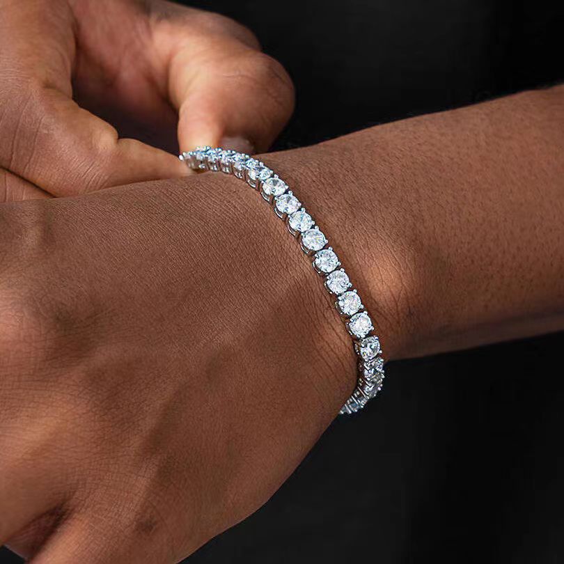 Full diamond tennis bracelet European and American hip-hop men's titanium steel does not fade high-end hip-hop niche zircon bracelet men