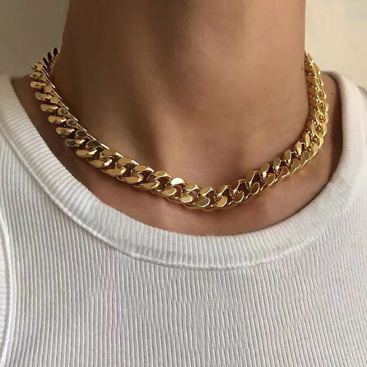 18K Cuban Link Chain - Hip-Hop & Western Trend, Versatile Titanium Steel Plain Chain, Unisex Collarbone Chain, Titanium Steel Fade-Resistant