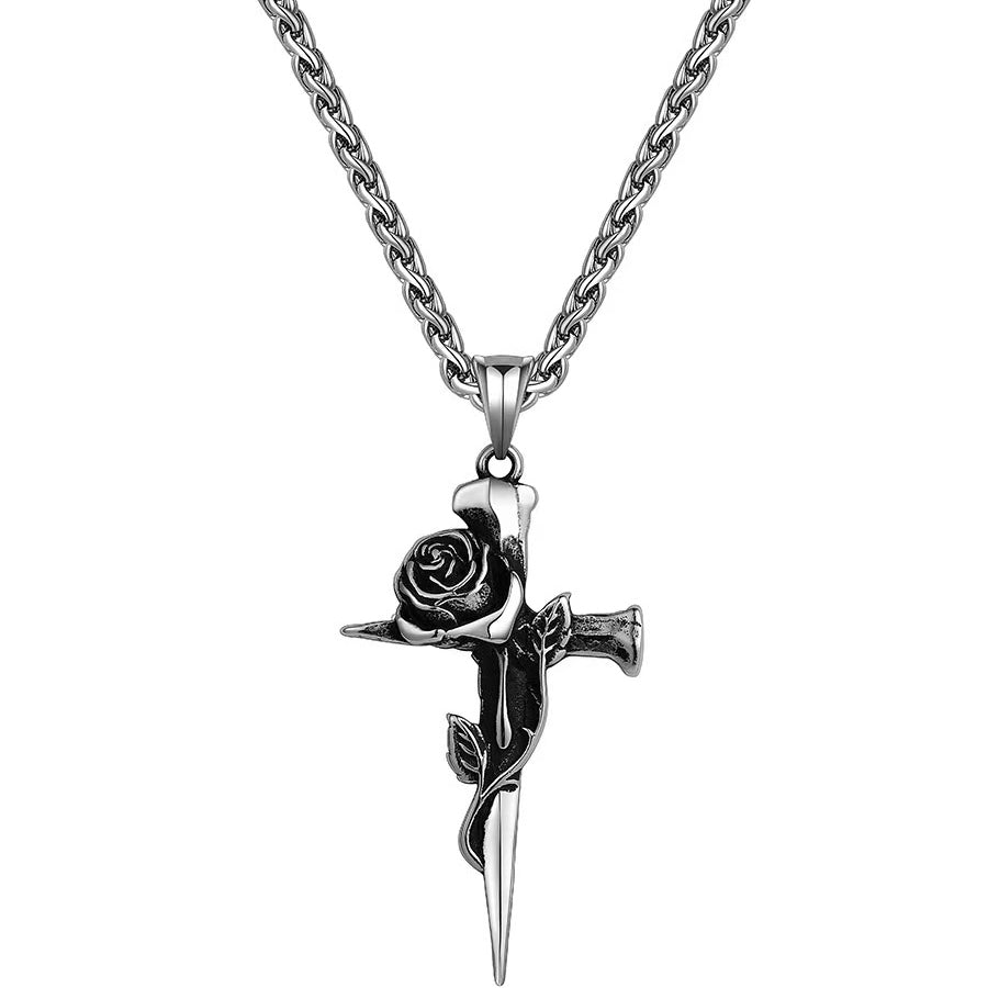 EVE Rose Cross Pendant Necklace for Men, Gothic Titanium Steel
