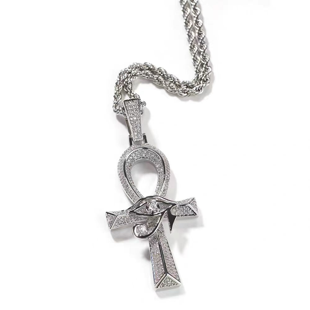 American Hip Hop Full Pave Eye of Horus & Ankh Pendant Necklace, Unisex Vintage Streetwear Jewelry