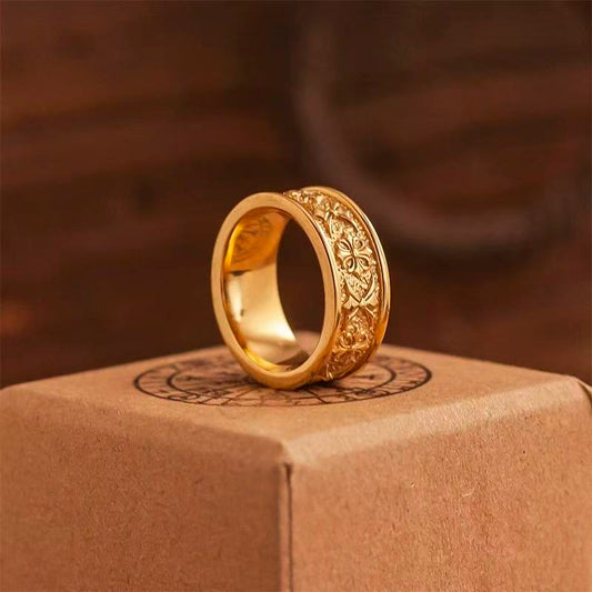 NIGHT WORKS Commandment Ring European Vintage Relief Cross Flower Unisex Large Size Statement Ring