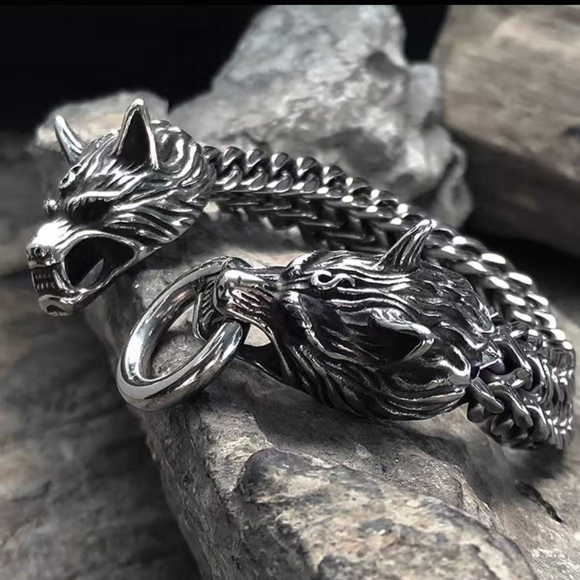 European Double Headed Dragon Bracelet Men's Viking Snake Bone Chain Titanium Steel Norse Mythology Jewelry