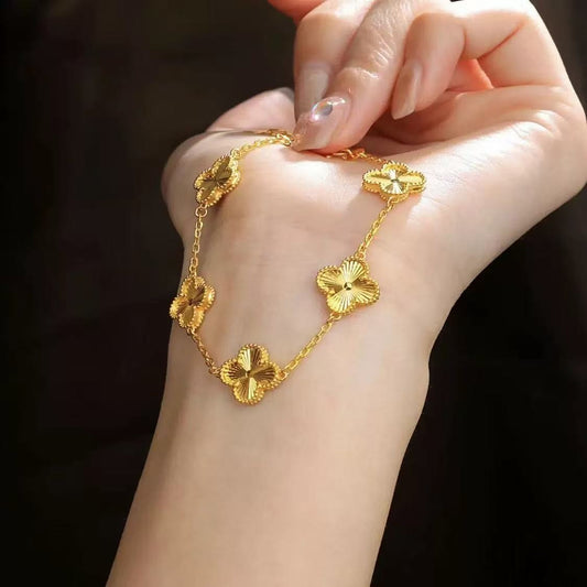 24K Gold-Tone Figaro Clover Charm Bracelet | Fade-Resistant Vietnamese Gold Plated Dainty Anklet for Women