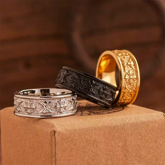 NIGHT WORKS Commandment Ring European Vintage Relief Cross Flower Unisex Large Size Statement Ring