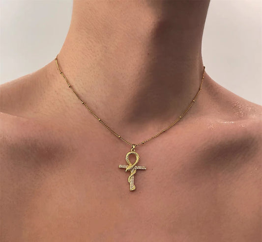 Hip-hop style golden snake cross men's clavicle necklace women's niche design necklace hiphop trendy men's necklace