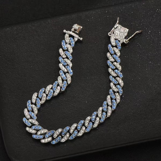 MS Navy Blue Diamond Two-Tone Bracelet American Hip Hop Full Pave Rap Cuban Chain Men's Wristwear