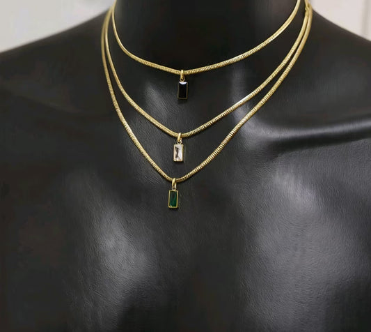 18K Gold Plated Titanium Steel Rectangular Emerald Pendant Necklace, Unisex Snake Chain Summer Choker