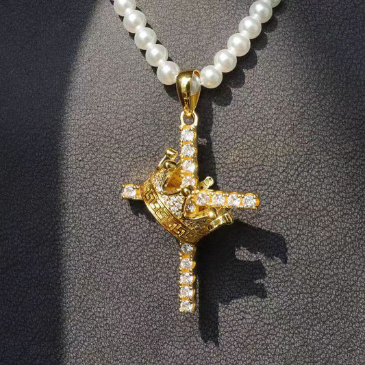 Full Pave Crown & Cross Pendant Necklace, Hip Hop Vintage Streetwear Luxury Drop Piece