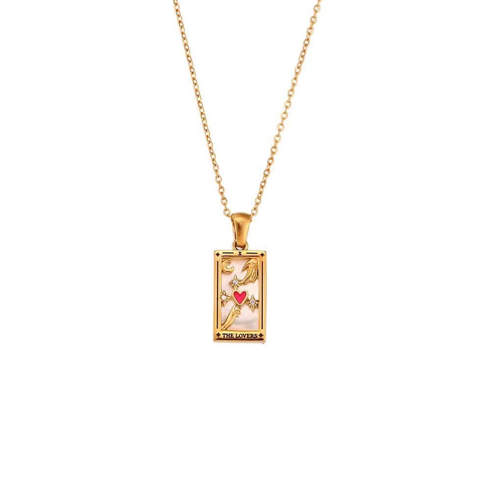 Vintage Tarot Card Necklace in 18K Gold Plated Titanium Steel, Unisex Antique Oracle Pendant, Couples Love Choker