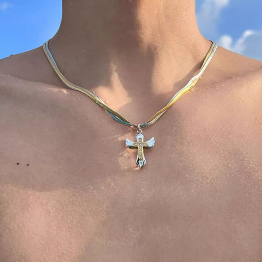 Redemption Two-Tone Cross Pendant Necklace, Layered Hip Hop Titanium Steel Luxury Chain