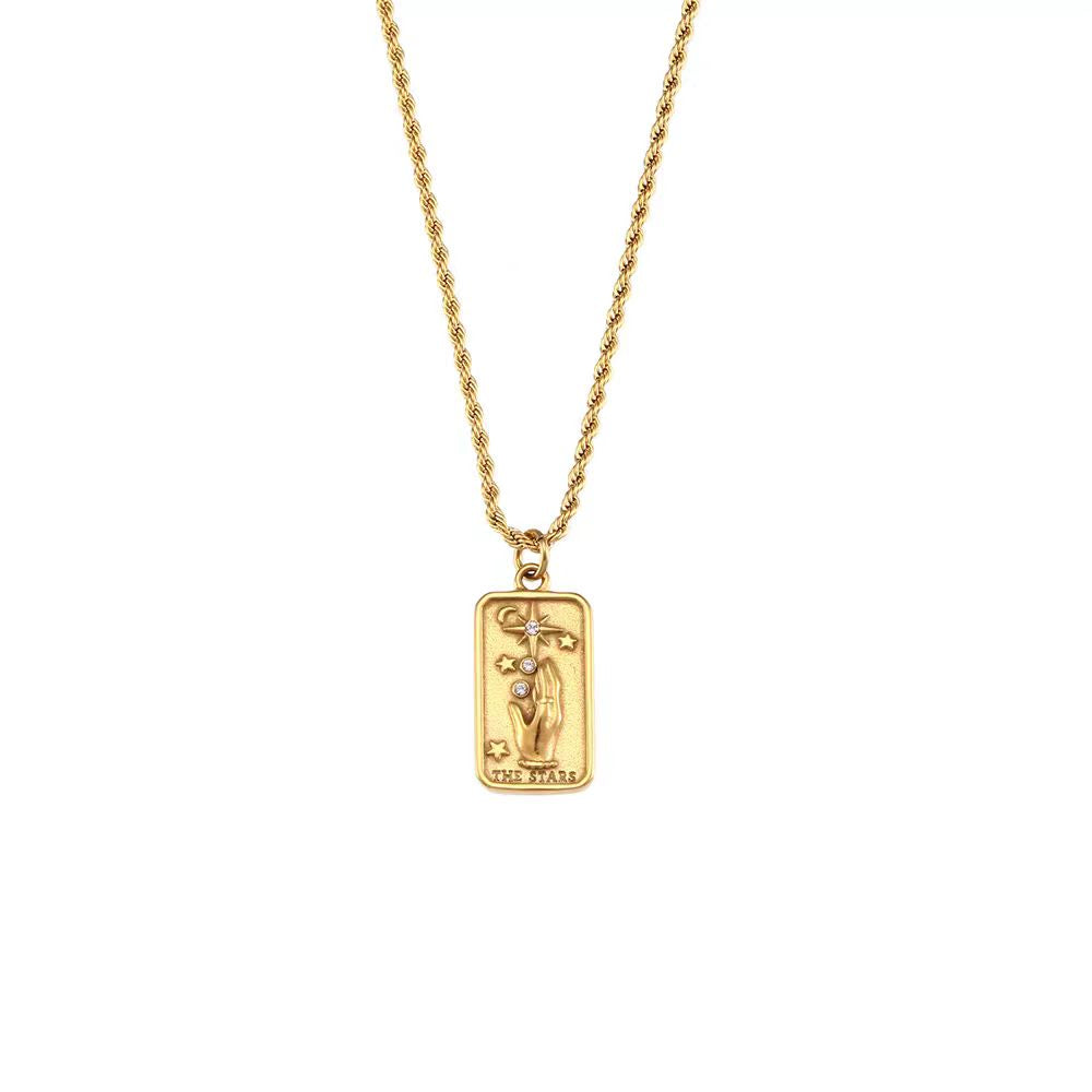 Vintage Tarot Card Necklace in 18K Gold Plated Titanium Steel, Unisex Antique Oracle Pendant, Couples Love Choker