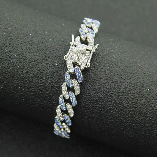 MS Navy Blue Diamond Two-Tone Bracelet American Hip Hop Full Pave Rap Cuban Chain Men's Wristwear