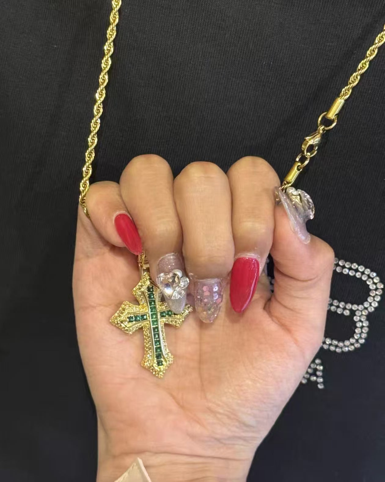 ICEGANG Gold Green Step-Cut Cross Pendant Necklace, Unisex Hip Hop Chain, Classic Iced Out Layering Piece
