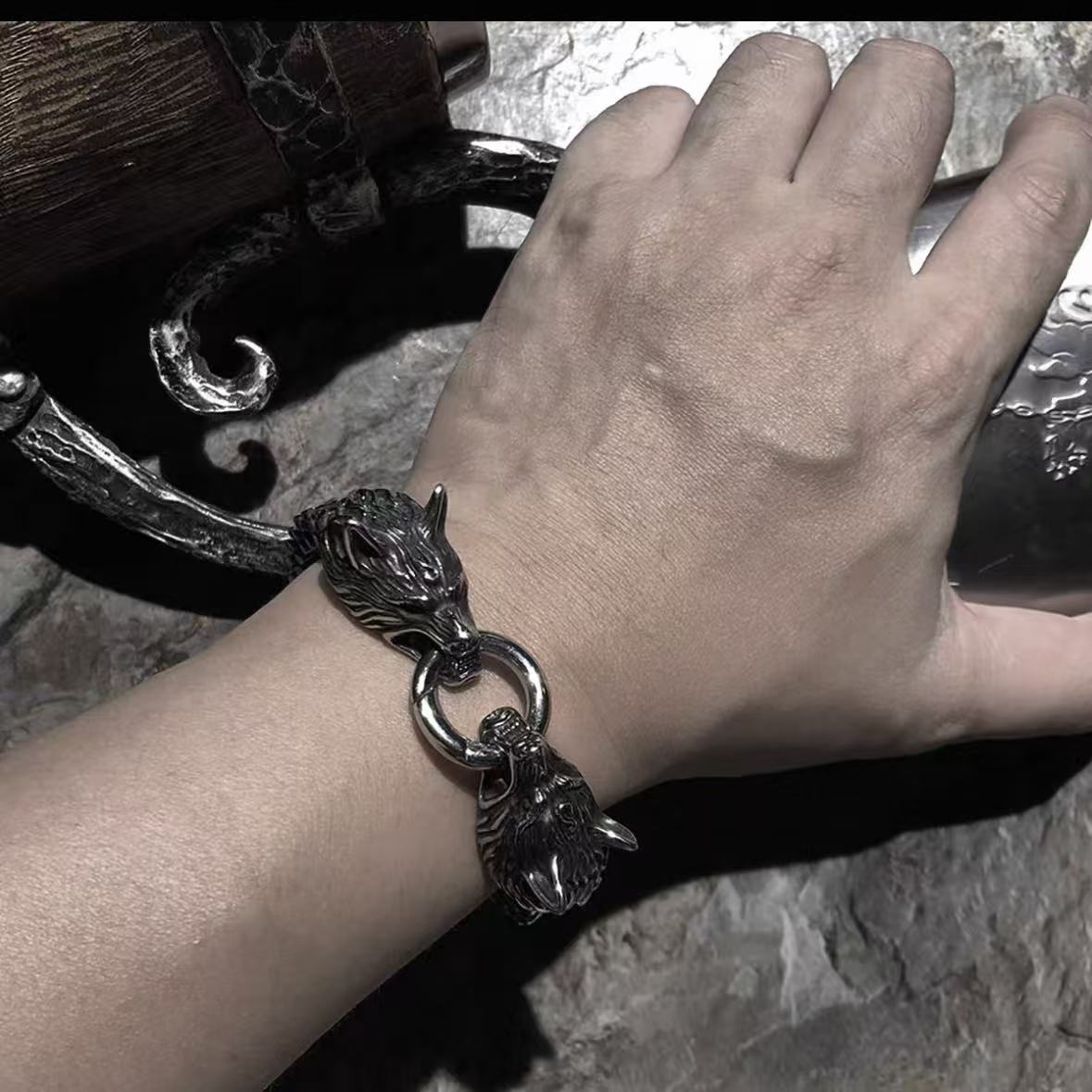 European Double Headed Dragon Bracelet Men's Viking Snake Bone Chain Titanium Steel Norse Mythology Jewelry