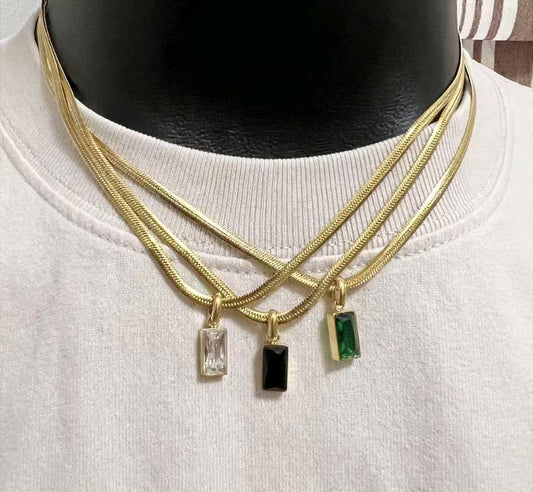18K Gold Plated Titanium Steel Rectangular Emerald Pendant Necklace, Unisex Snake Chain Summer Choker