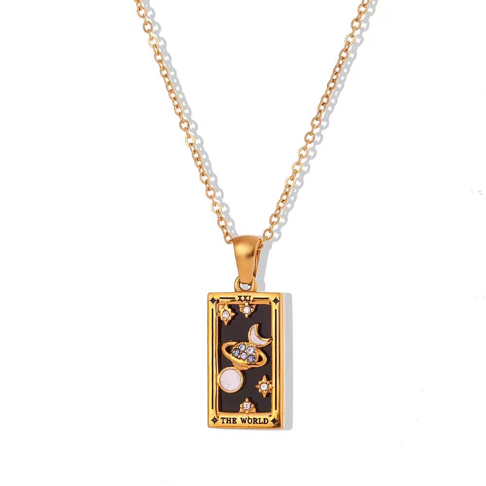 Vintage Tarot Card Necklace in 18K Gold Plated Titanium Steel, Unisex Antique Oracle Pendant, Couples Love Choker