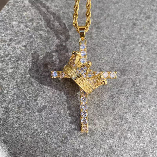 Full Pave Crown & Cross Pendant Necklace, Hip Hop Vintage Streetwear Luxury Drop Piece