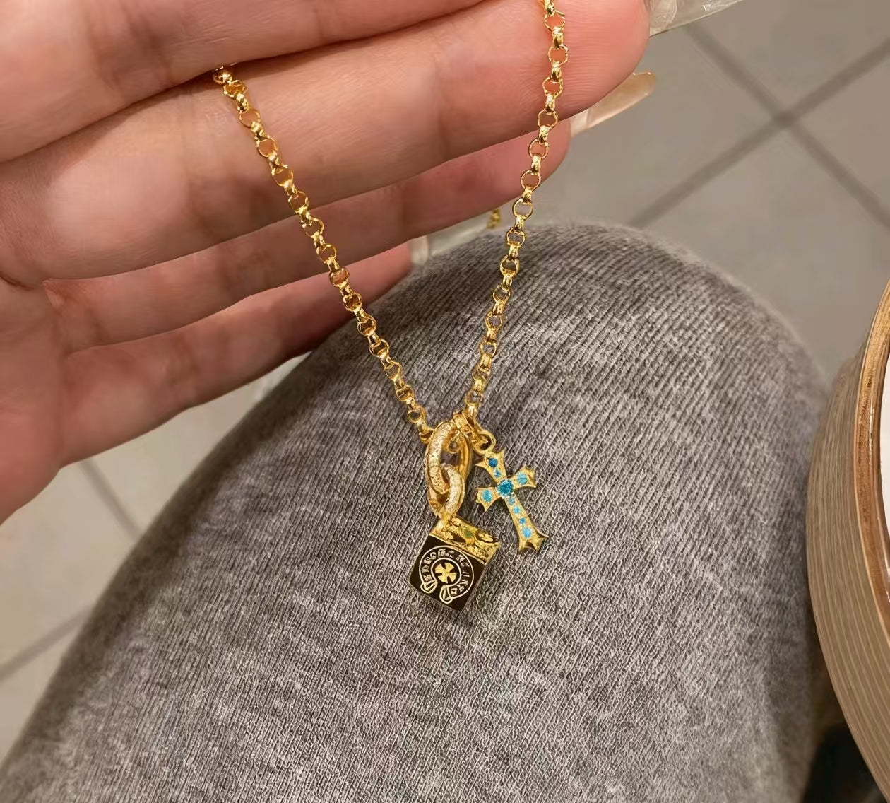 New Gold Cube Dice & Blue Diamond Cross Pendant Necklace, Fade-Proof Luxury Statement Collar Chain