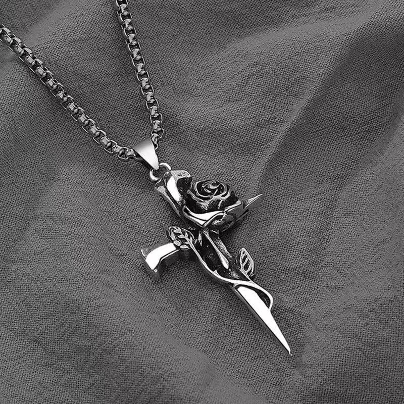EVE Rose Cross Pendant Necklace for Men, Gothic Titanium Steel