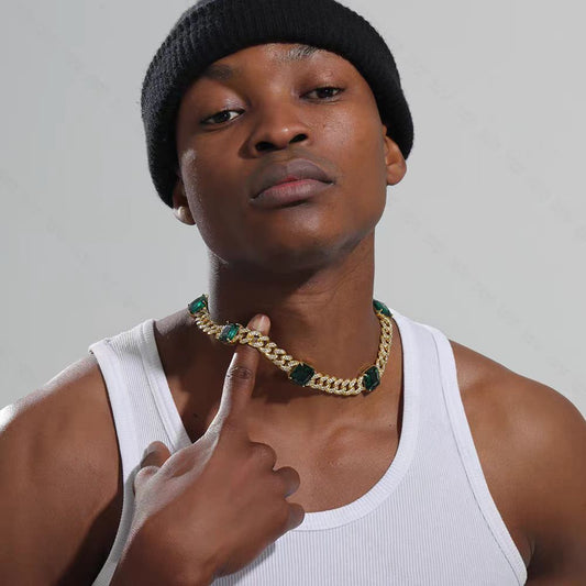New INS Style Emerald Gemstone Cuban Chain, Unisex Hip Hop Full Pave Luxury Necklace