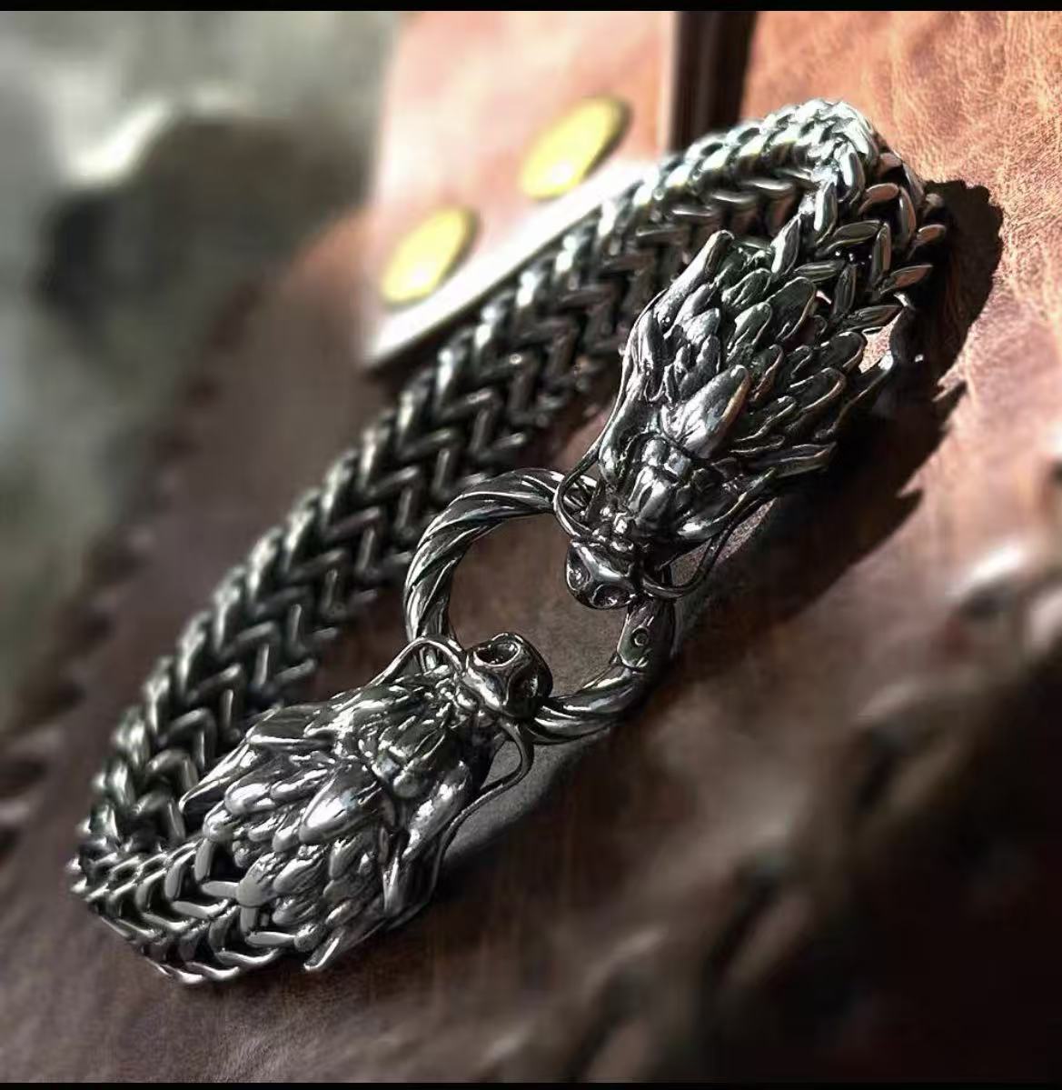 European Double Headed Dragon Bracelet Men's Viking Snake Bone Chain Titanium Steel Norse Mythology Jewelry