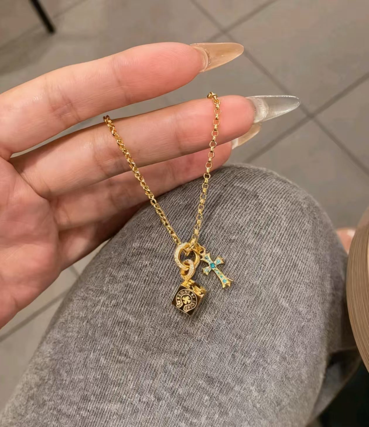 New Gold Cube Dice & Blue Diamond Cross Pendant Necklace, Fade-Proof Luxury Statement Collar Chain
