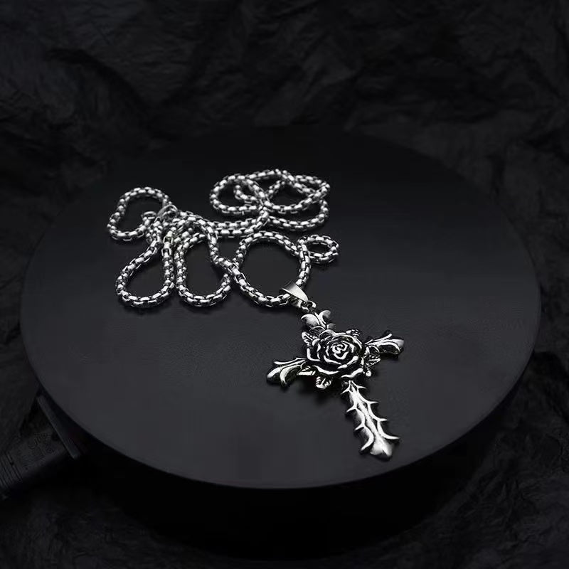 EVE Rose Cross Pendant Necklace for Men, Gothic Titanium Steel