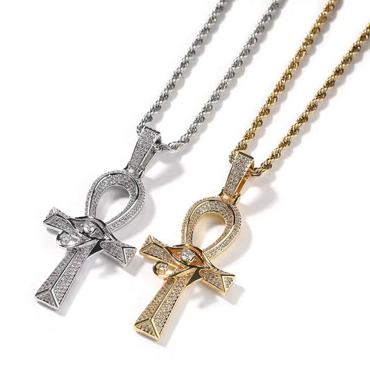 American Hip Hop Full Pave Eye of Horus & Ankh Pendant Necklace, Unisex Vintage Streetwear Jewelry