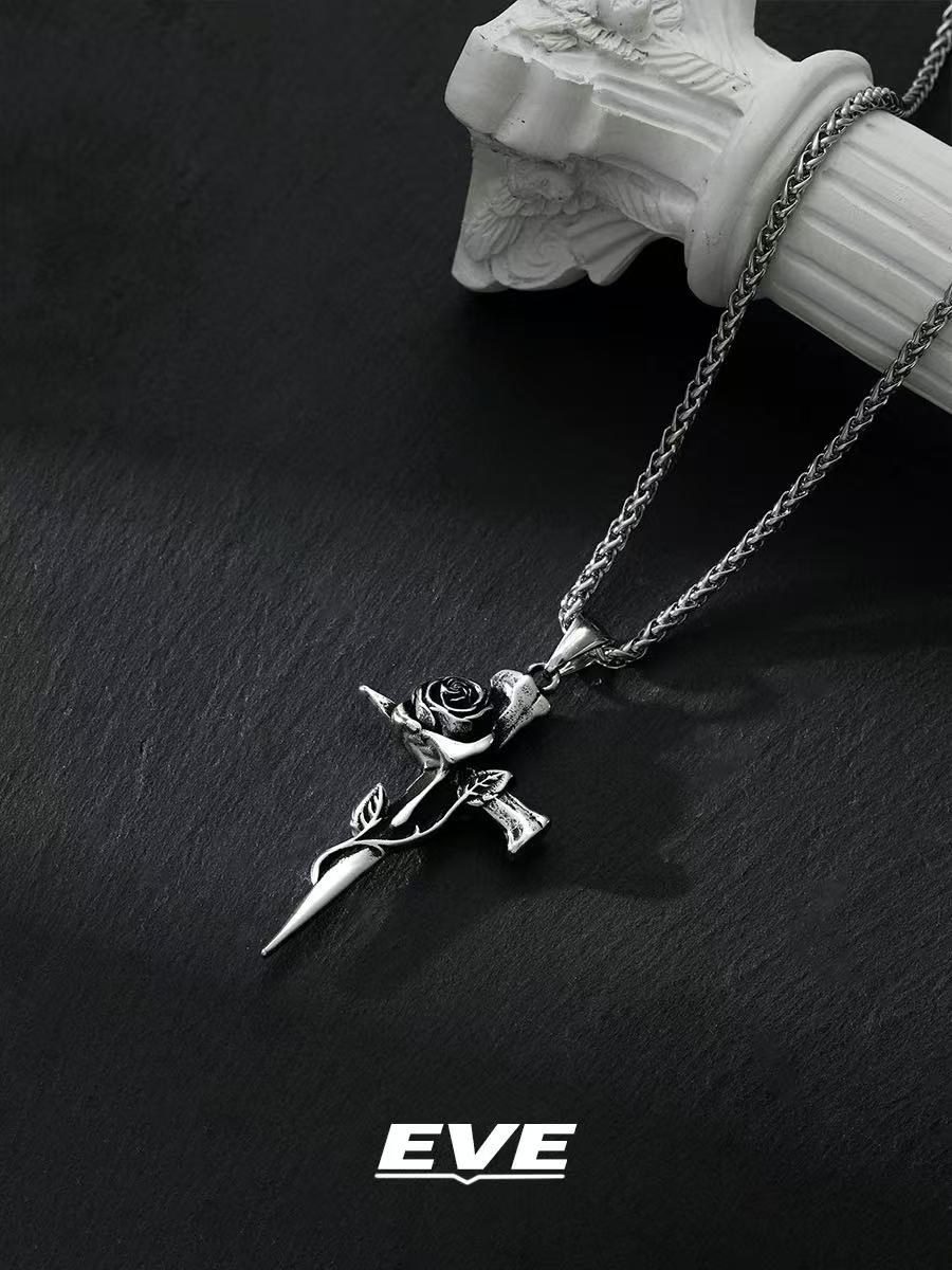 EVE Rose Cross Pendant Necklace for Men, Gothic Titanium Steel