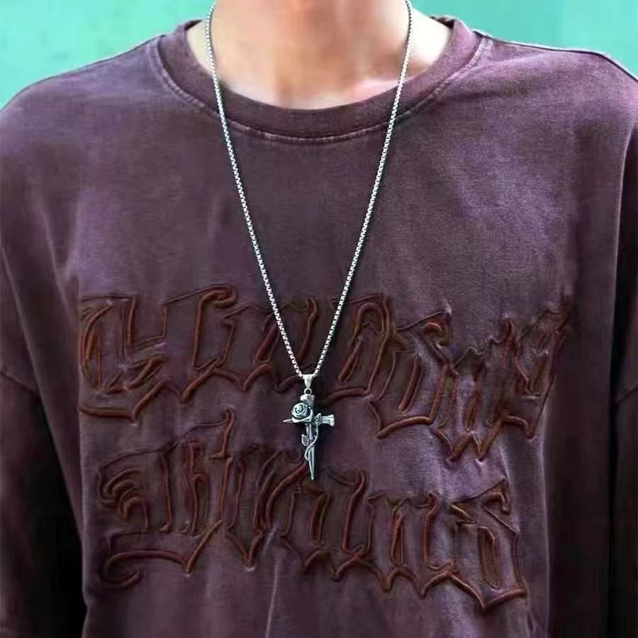 EVE Rose Cross Pendant Necklace for Men, Gothic Titanium Steel