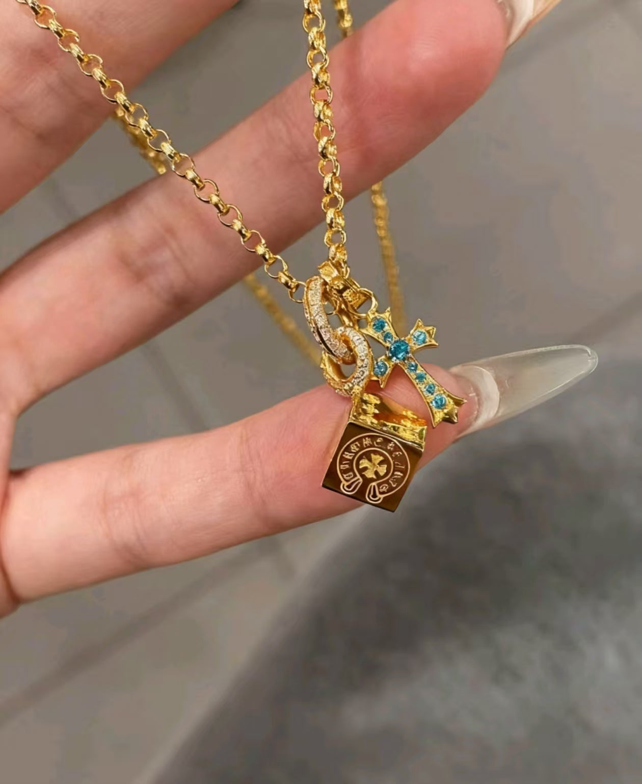 New Gold Cube Dice & Blue Diamond Cross Pendant Necklace, Fade-Proof Luxury Statement Collar Chain