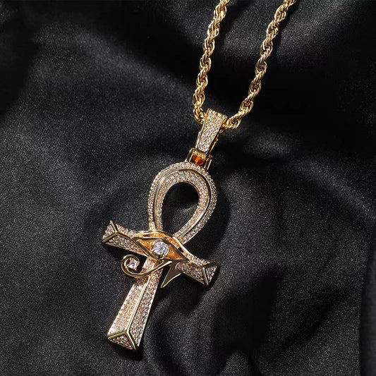 American Hip Hop Full Pave Eye of Horus & Ankh Pendant Necklace, Unisex Vintage Streetwear Jewelry