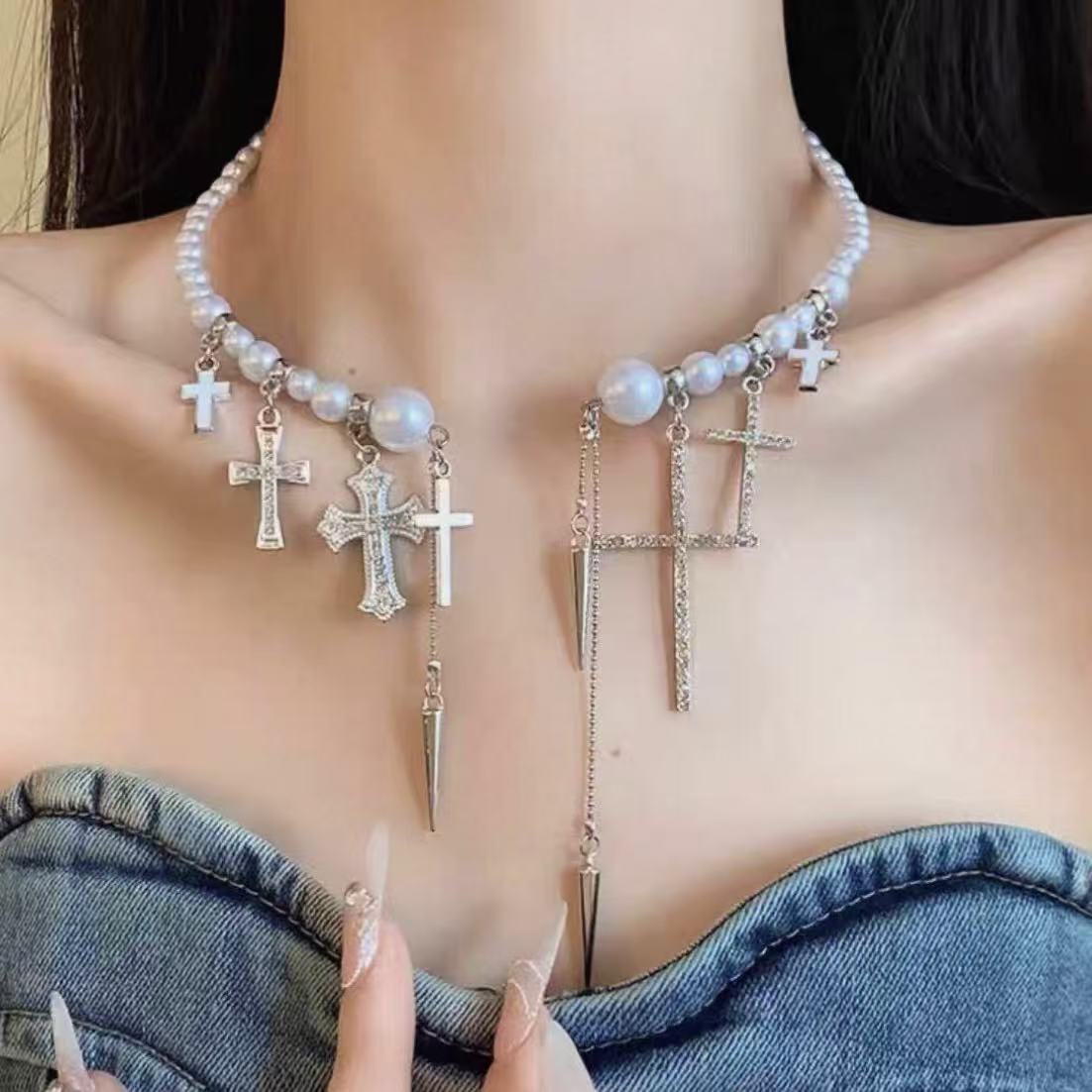 CHEALIMPID. Cross Pearl Multi-Layer Necklace, Minimalist Luxury Unisex Layering Choker